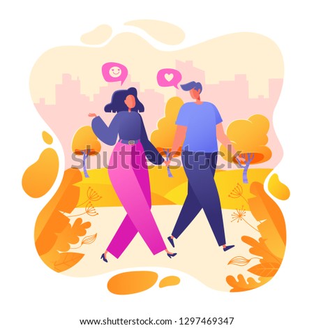 Romantic vector illustration on love story theme. Happy flat people character walking in the park. Happy lover man and woman flirt. Lifestyle concept on Valentine Day theme.