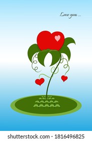 Ilustración vectorial romántica. Palmera en la isla con un corazón floreciente en un fondo azul. Día de San Valentín.
