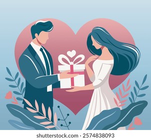 Romantic vector illustration in pastel colors. Valentine's Day. Man in suit gives a gift to woman in white dress on the background of heart. For wedding invitations, poster, banner, social networks