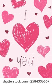 Romantic vector illustration with pencil drawn hearts and handwritten typography perfect for Valentine's Day card, poster, social media post and for celebration wedding, joint anniversary.