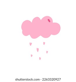 Ilustración vectorial romántica nube rosa con lluvia cardíaca en estilo de caricatura para tarjeta, pegatina e impresión