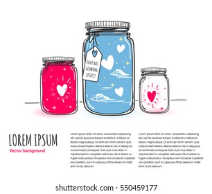 Romantic vector illustration with place for your text. Hand drawn jars and hearts for valentines card, save the date or wedding card. 