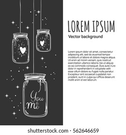 Romantic vector illustration with place for your text. Hand drawn jars and hearts for valentines card, save the date or wedding card. 