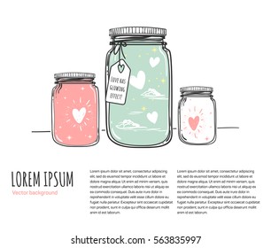 Romantic vector illustration with place for your text. Hand drawn jars and hearts for valentines card, save the date or wedding card. 