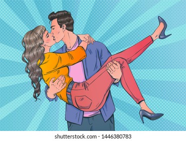 Romantic vector illustration in pop art style on love story theme. Guy keeps girl in his arms and they kiss each other. Couple in love. People admit each other in love.