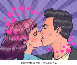 Romantic vector illustration in pop art style on love story theme. Couple in love and kiss each other. Hearts fly around them, it's magic of love. People admit each other in love. Valentine's Day. 