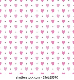 Romantic vector illustration seamless pattern of pink hearts. Endless texture can be used for printing onto fabric and paper. Heart shapes wallpaper. Polka dots pattern. Valentines day background