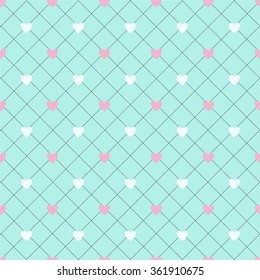 Romantic vector illustration seamless pattern of pink and white hearts on dark lines background.Endless texture can be used for printing onto fabric and paper.Heart shapes wallpaper.Polka dots pattern