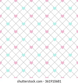 Romantic vector illustration seamless pattern of blue and pink hearts on dark lines background.Endless texture can be used for printing onto fabric and paper.Heart shapes wallpaper.Polka dots pattern