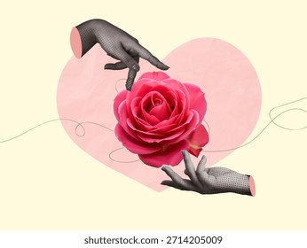 A romantic Vector illustration showcasing love through hands delicately presenting a pink rose inside a heart.