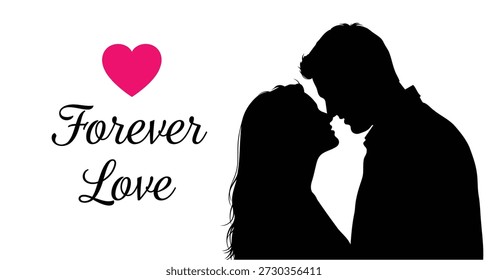 Uma ilustração vetorial romântica mostrando a silhueta de um casal em um abraço terno, simbolizando o amor eterno com um coração rosa e um texto elegante.