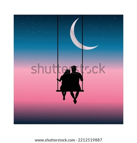 romantic vector illustration of swinging crescent moon background in dark blue pink combination