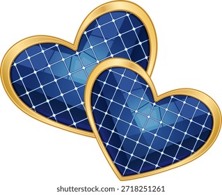 Ilustración vectorial romántica de dos corazones de paneles solares fotovoltaicos azules entrelazados con lujosos bordes dorados. Ideal para el romance de la energía renovable, diseños del Día de San Valentín, campañas de tecnología verde, promociones de sostenibilidad, saludos ecológicos y gráficos de conciencia ambiental.