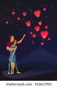 Romantic vector illustration with two lovers and sky lanterns.