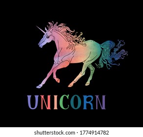 Romantic vector illustration of unicorn chibi. Vector watercolor rainbow filling  isolated on the black background