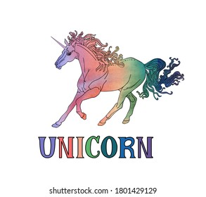 Romantic vector illustration of unicorn chibi. Vector watercolor rainbow filling  isolated on the black background