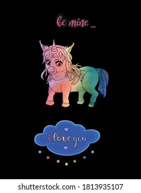 Romantic vector illustration of unicorn chibi. Vector watercolor rainbow filling  isolated on the black background
