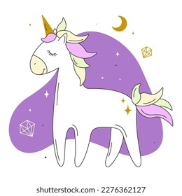 Romantic vector illustration with unicorn for kid greeting cards, fashion artworks, children's print, sticker, t-shirts