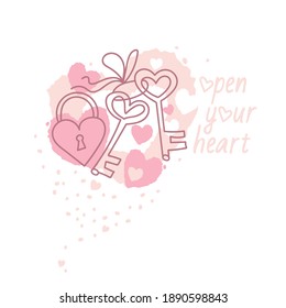 Romantic vector illustration for Valentine's Day. A heart with a keyhole and keys. For making postcards and wishes.