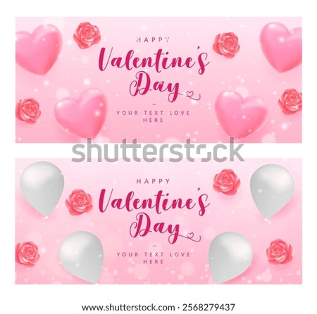 A romantic Vector illustration of a Valentine's Day greeting banner, split into two sections displaying hearts, balloons, and roses on a pink background.