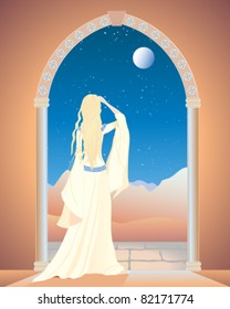 romantic vector illustration of a young blonde woman in flowing dress watching the moon and stars from an arched doorway in eps 10 format