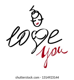 romantic vector image, the inscription,lettering with a heart and a female head for Valentine's Day and for greeting cards