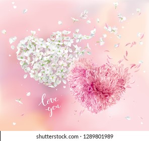 Romantic vector image for Valentine's Day. Two vector flower hearts with flying petals on pink background in watercolor style. Apple blossom and pink Chrysanthemum composition for Valentine's Day