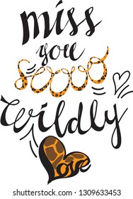 Romantic vector lettering with a heart pattern imitating the skin of wild animals for Valentine's Day and for greeting cards