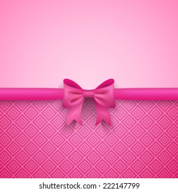 Romantic Vector Pink Background With Cute Bow And Pattern. Pretty Design. Greeting Card Wallpaper For Valentine Day, Birthday Or Woman Day.