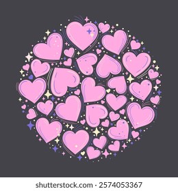 Romantic vector poster featuring hand crafted glossy pink hearts crumbled with star dust and shaped into a form of circle, set on dark background for dynamic contrast. Nice for Valentines projects.