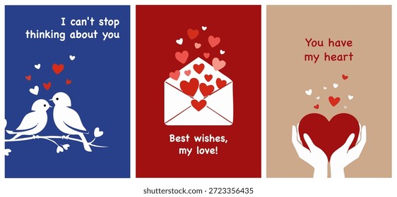 Romantisches Vektorposter mit Liebesvögeln, Herzen, Umschlag und fürsorglichen Händen. Perfekt für Valentinstag, Hochzeitskarten, Jubiläen, Liebesnachrichten und Grußkartendesigns.