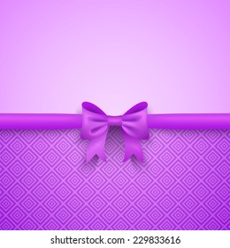 Romantic vector purple background with cute bow and pattern. Pretty design. Greeting card wallpaper for valentine day, birthday or woman day.