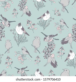 Romantic vector repeat pattern with birds and plants with berries. Vintage hand-drawn style. One of "Birds and Berries" collection patterns.