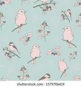 Romantic vector repeat pattern with birds and plants with berries. Vintage hand-drawn style. One of "Birds and Berries" collection patterns.