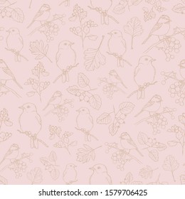 Romantic vector repeat pattern with brown birds and plants with berries on pink background. Vintage hand-drawn style. One of "Birds and Berries" collection patterns.