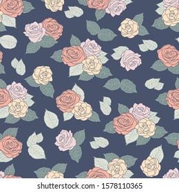 Romantic vector repeat pattern with colorful roses on dark blue background. Pastel colors, vintage style.