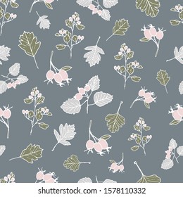 Romantic vector repeat pattern with leaves and plants with berries. Vintage hand-drawn style. One of "Birds and Berries" collection patterns.