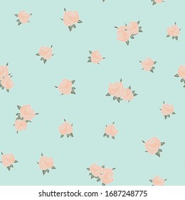 Romantic vector repeat pattern with small roses on light blue background. Vintage feeling, pastel colors.
