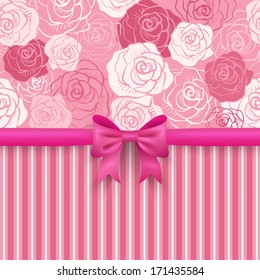 Romantic vector seamless background. Pink, red, white shabby colors. Flower rose pattern. Pretty design. Patterns of floral and stripe, cute bow. Greeting card wallpaper for valentine day or woman day