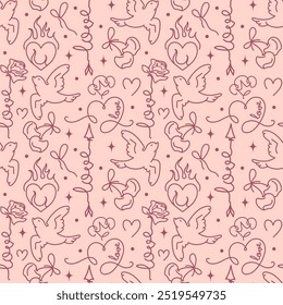 Romantic vector seamless pattern. Cool doodles and playful hearts. Pastel pink feminine teen background. Sweet outline wallpaper. Heartfelt theme