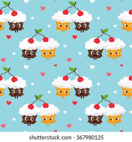 Romantic vector seamless pattern with cute pair of cupcakes with whipped cream sharing cherry and hearts, St. Valentine's Day greeting card background design