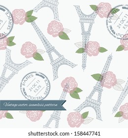 Romantic vector seamless pattern with eiffel tower, stamps and roses. 