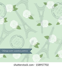 Romantic vector seamless pattern with eiffel tower, stamps and white roses on mint green background.