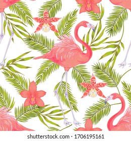 Romantic vector seamless pattern with flamingo bird and orchid flower