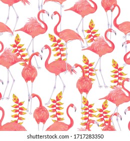 Rama romántico sin fisuras con pájaro flamingo y flor de Helonia