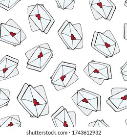 romantic vector seamless pattern with hand-drawn love envelopes with hearts. can be used as wallpaper, background, design of packaging paper, textiles, notebooks, print for Valentine's day.