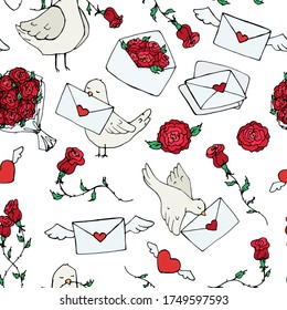 romantic vector seamless pattern with hand-drawn doves, roses, love letters and hearts. can be used as Wallpaper, background, design of packaging paper, textiles, notebooks, print for Valentine's day.