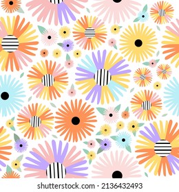 Romantic, vector seamless pattern with pink, blue, orange and multicolor colors and green leaves. Isolated on white background. Pastel background for wrapping paper, textile, fashion fabrics