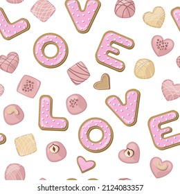 Romantic vector seamless pattern for valentine's day. Pink chocolate candies and cookies in the shape of the letters LOVE isolated on white background.
