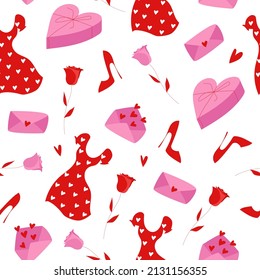 Romantic vector seamless pattern for valentine's day. Flat red and pink elements isolated on white background. Dress, roses, pumps, gift boxes, envelope.